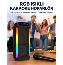RGB Işıklı Çift Hoparlörlü Taşınabilir Bluetooth Speaker ve Mikrofon Yeni Nesil