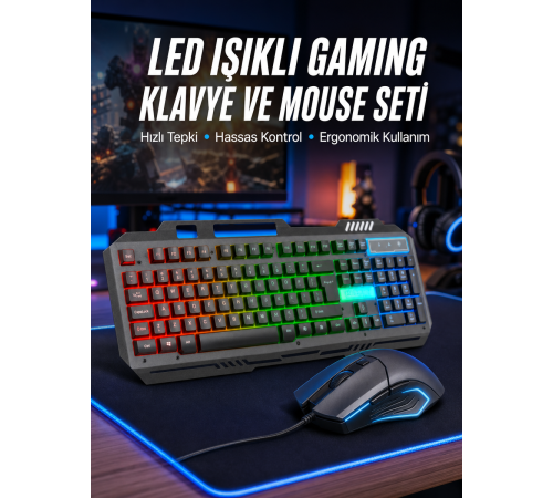 Işıklı Q Klavye Mouse Seti Siyah Klavye Yeni Nesil