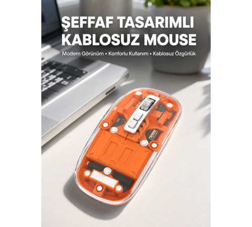 Mouse Fare Kablosuz Mouse Fare Şarjlı Bluetooth Sessiz 5 Tuşlu Şeffaf