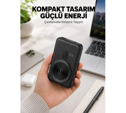 Manyetik Kablosuz Powerbank 22.5W Hızlı Şarj LCD Göstergeli Yeni Nesil