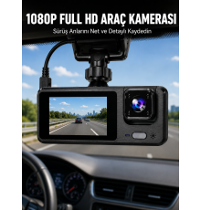 3 Kanallı Araç Kamerası – Full HD 1080P Kayıt, 2” Ekran, Park Gözetimi Desteği Yeni Nesil