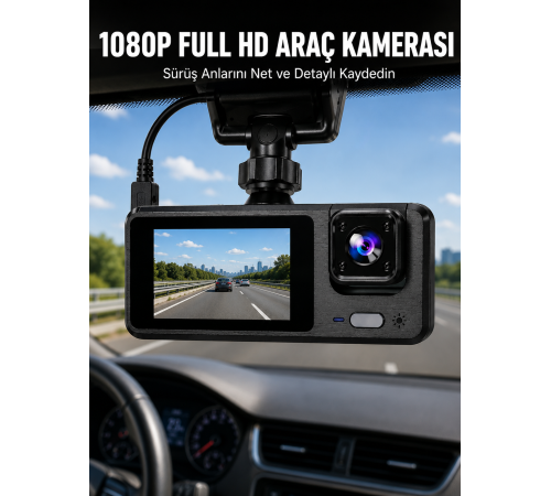 3 Kanallı Araç Kamerası – Full HD 1080P Kayıt, 2” Ekran, Park Gözetimi Desteği Yeni Nesil
