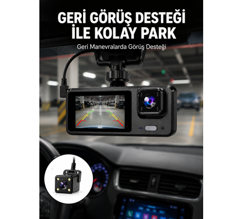 1080P 3 Kameralı Araç DVR – Döngü Kayıt ve Geri Görüş Özellikli Yeni Nesil