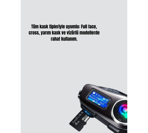 LCD Ekranlı Bluetooth Kask Kulaklığı FM Radyo ve SD Kart Girişli