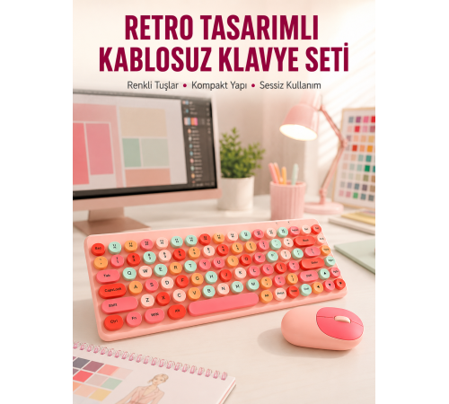 Renkli Retro Tuş Takımlı Klavye – 3 Cihaz Bağlantısı, Medya Kısayol Tuşları Yeni Nesil