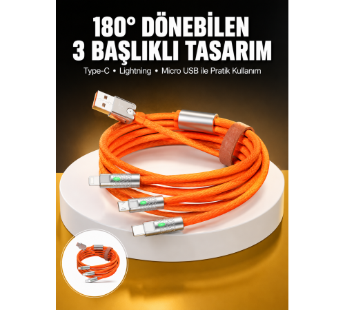 120W 3 İn 1 Uyumlu Silikon Şarj Kablosu Hızlı Şarj Kablosu