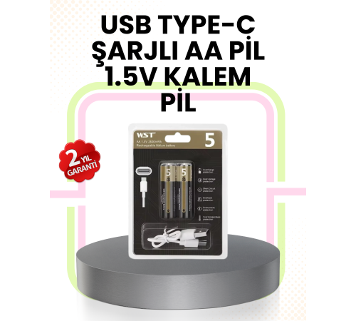 1.5V AA Şarjlı Lityum Pil | 1000+ Kez Şarj Edilebilir | Hızlı Type-C Şarj (2 Adet)