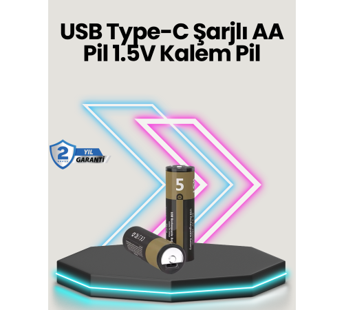 Type-C USB ile Hızlı Şarj Edilebilir AA Kalem Pil | 1.5V Lityum | Çiftli Paket