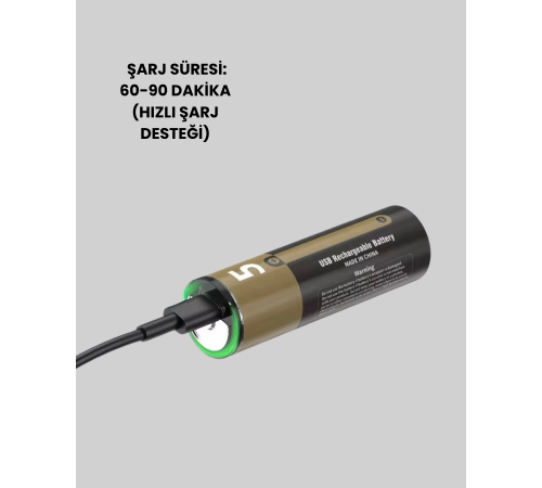 Yüksek Performanslı AA USB Şarjlı Lityum Pil | 1.5V Sabit Güç | 2’li Paket
