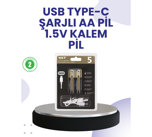 Yüksek Performanslı AA USB Şarjlı Lityum Pil | 1.5V Sabit Güç | 2’li Paket