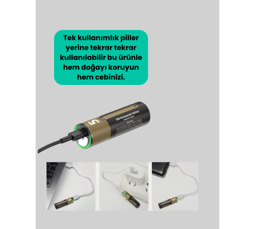 1.5V AA Şarjlı Lityum Pil | 1000+ Kez Şarj Edilebilir | Hızlı Type-C Şarj (2 Adet)