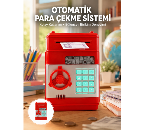Kırmızı Şifreli ATM Kasa Para Yutan Kumbara
