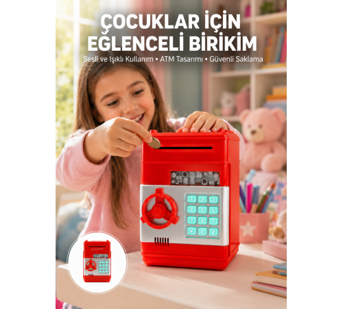 Kırmızı ATM Kasa Tipi Para Biriktirme Kumbarası
