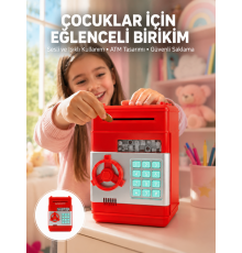 Şifreli Kırmızı ATM Tasarımlı Çelik Kasa Görünümlü Kumbara