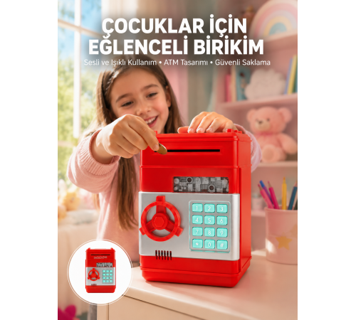 Şifreli Kırmızı ATM Tasarımlı Çelik Kasa Görünümlü Kumbara
