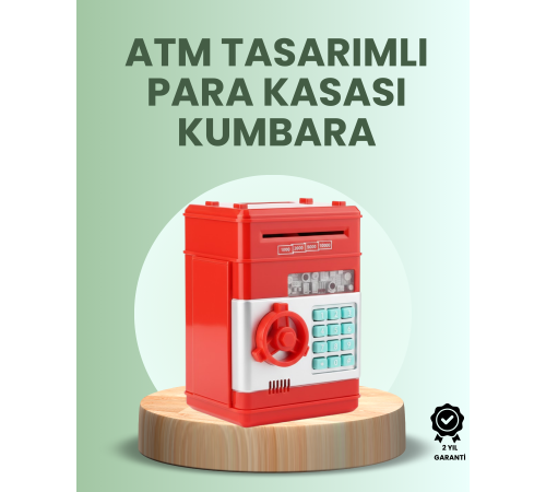 Kırmızı ATM Tasarımlı Şifreli Para Kasası Kumbara