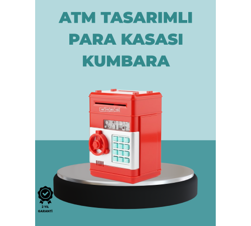 Şifreli Kırmızı ATM Tasarımlı Çelik Kasa Görünümlü Kumbara