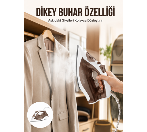 Kahverengi Buharlı Ütü 2200W Sürekli Buhar 120 g Şok Buhar