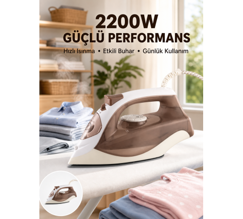 Buharlı Ütü 2200W Kireç Önleyici Self Clean Damlatmaz Kahverengi