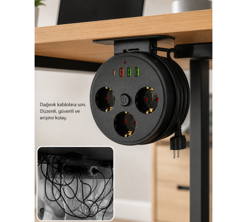 Akım Korumalı Çoklu Priz 3 Priz 3 USB 1 Type C 2 Metre Kablo Güvenli Şarj