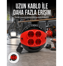 5 Metre Kablolu 4’lü Kırmızı Priz Makara