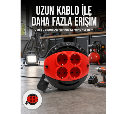 5 Metre Kablolu 4’lü Kırmızı Priz Makara