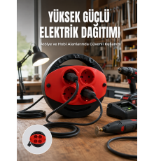 5 Metre Uzatma Kablolu 4 Prizli Makara Kırmızı