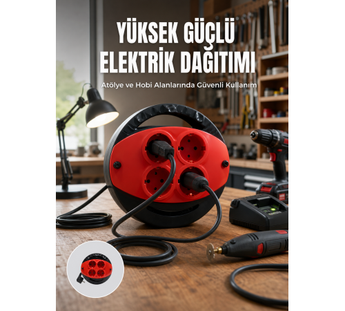5 Metre Uzatma Kablolu 4 Prizli Makara Kırmızı