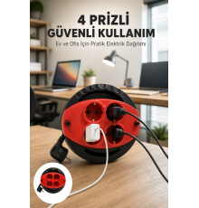 Kırmızı Renk 5 Metre 4’lü Kablolu Priz Makarası