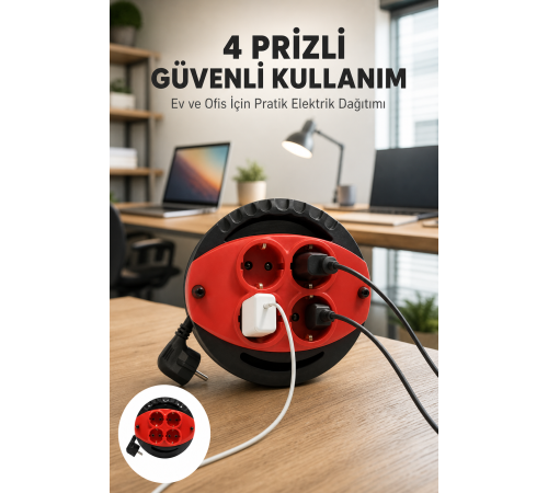Kırmızı Renk 5 Metre 4’lü Kablolu Priz Makarası