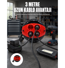 3 Metre Kablolu 4’lü Kırmızı Priz Makara