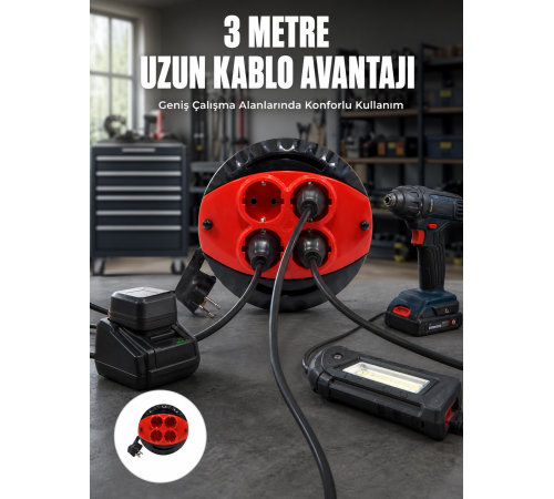 3 Metre Kablolu 4’lü Kırmızı Priz Makara