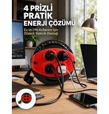 3 Metre Uzatma Kablolu 4 Prizli Makara Kırmızı