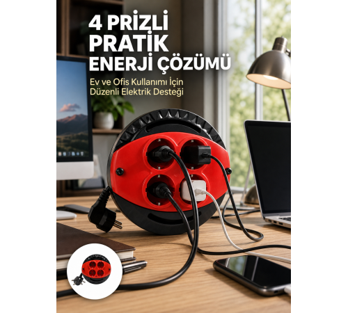3 Metre Uzatma Kablolu 4 Prizli Makara Kırmızı
