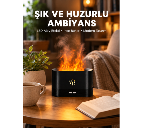 LED Işıklı Buhar Makinesi Alev Efektli Kumandalı Oda Nemlendirici Yeni Nesil