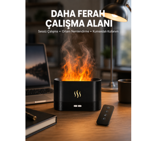 Aromatik Oda Kokusu Difüzörü Alev Tasarımlı LED Işıklı Nemlendirici Yeni Nesil