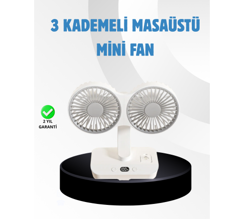Sessiz Çalışan USB Şarjlı Çift Kafalı Masaüstü Fan – Ev ve Ofis İçin