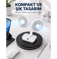 720° Döner Çift Taraflı Masaüstü Vantilatör – USB Şarjlı Sessiz Fan