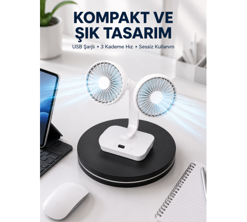 720° Döner Çift Taraflı Masaüstü Vantilatör – USB Şarjlı Sessiz Fan