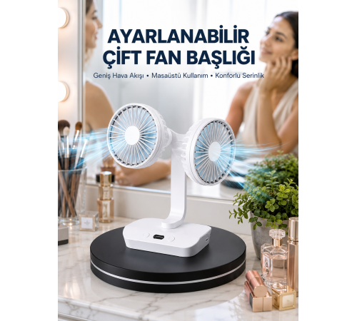 Ayarlanabilir Hızlı Çift Başlıklı Masaüstü Fan – Gece Lambalı Serinletici