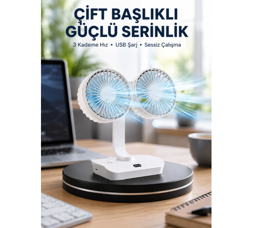 Sessiz Çalışan USB Şarjlı Çift Kafalı Masaüstü Fan – Ev ve Ofis İçin