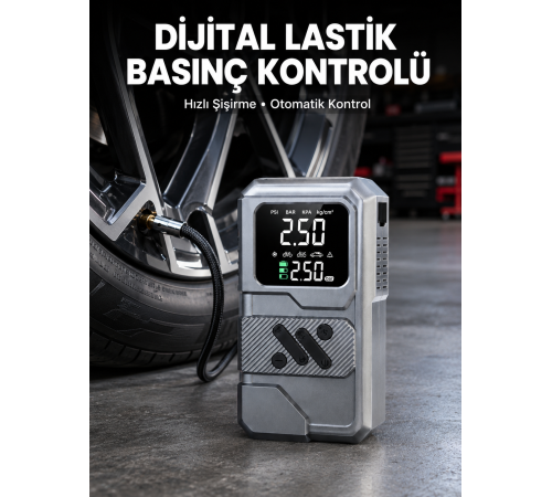12.000 mAh Akü Takviye Destekli LED Işıklı Araç Kompresörü