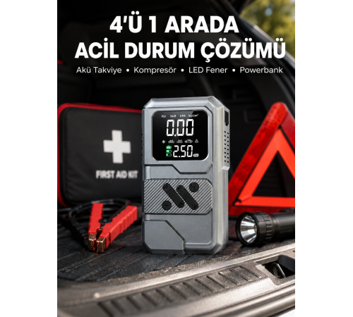 Araçlar İçin Akü Takviye Lastik Şişirme ve Powerbank Cihazı