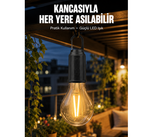 Taşınabilir Şarjlı Led Ampul Askılı Lamba Kamp Bahçe Lambası