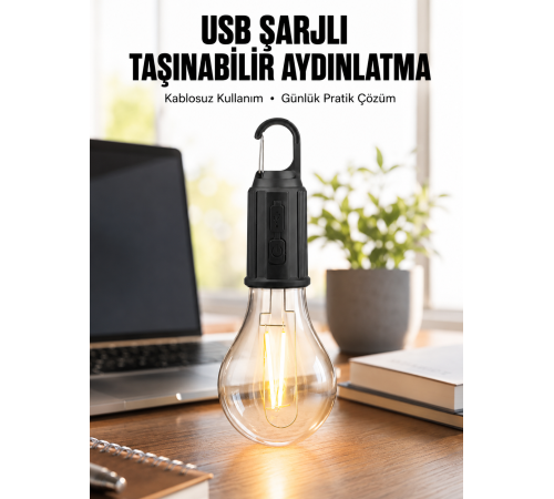 Şarjlı Dekoratif Kamp Lambası Askılı Ampul Led Işık Type-C Girişli