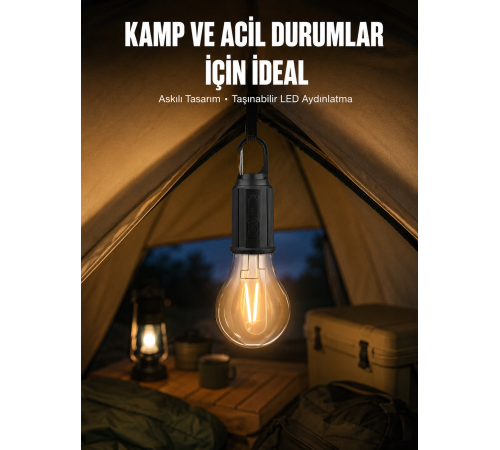 Taşınabilir Askılı Ampul Kamp Lambası Askılı Type-C Şarjlı Bahçe Lambası