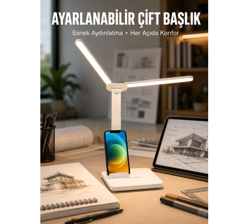 Ayarlanabilir Kısılabilir LED Masa Lambası | Entegre Kalemlik ve Telefon Tutucu Özellikli Yeni Nesil