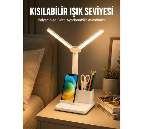 Kısılabilir LED Masa Lambası – Kalemlik, Telefon Standı ve Okuma Işığı Bir Arada Yeni Nesil