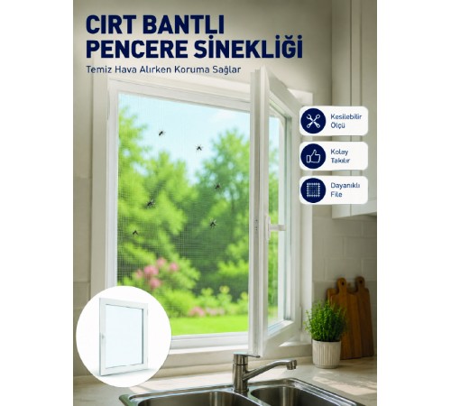 Şeffaf File Yapılı Cırt Bantlı Pencere Sinekliği Pratik Kullanım