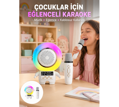 Renkli Işıklı Astronot Mini Bluetooth Speaker ve Karaoke Mikrofon